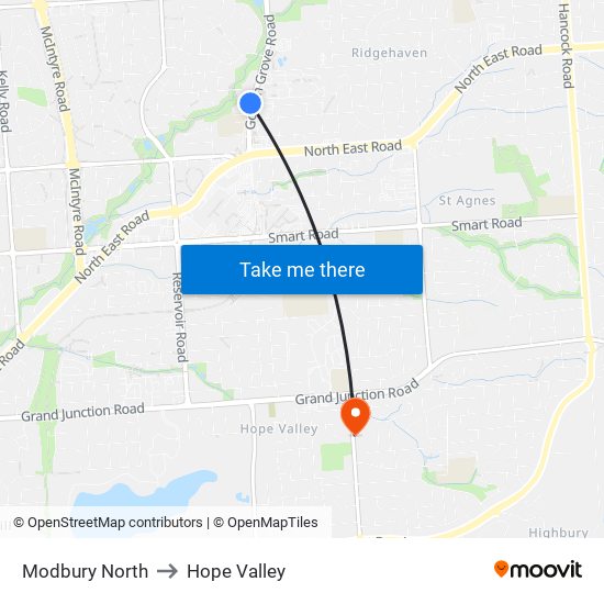 Modbury North to Hope Valley map