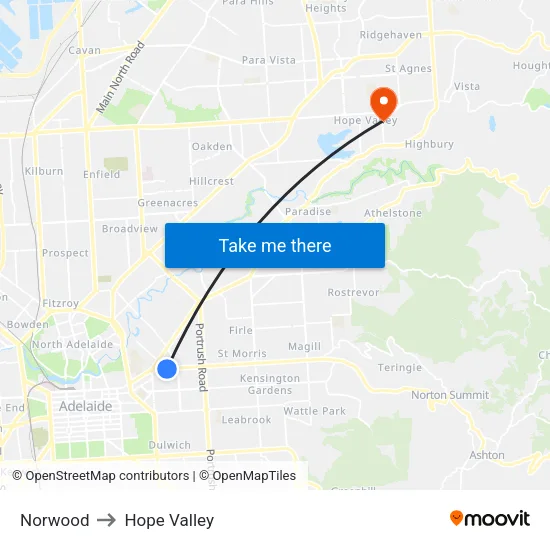 Norwood to Hope Valley map