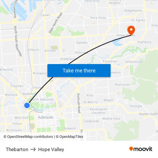 Thebarton to Hope Valley map