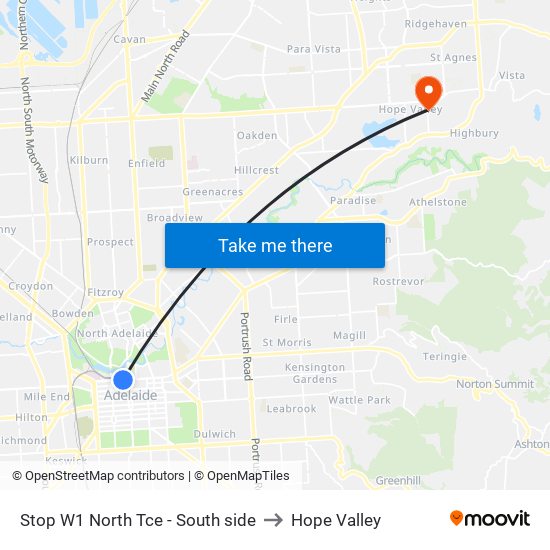 Stop W1 North Tce - South side to Hope Valley map