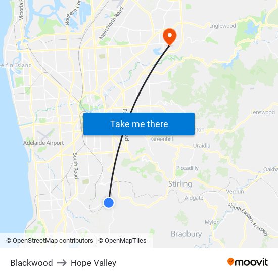 Blackwood to Hope Valley map