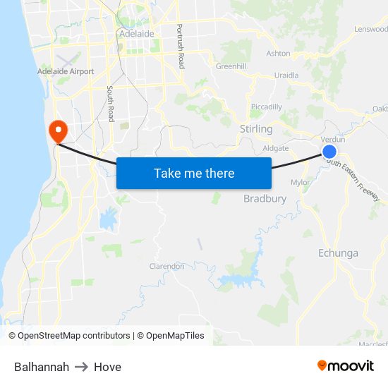 Balhannah to Hove map