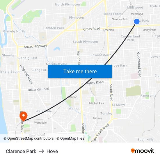 Clarence Park to Hove map