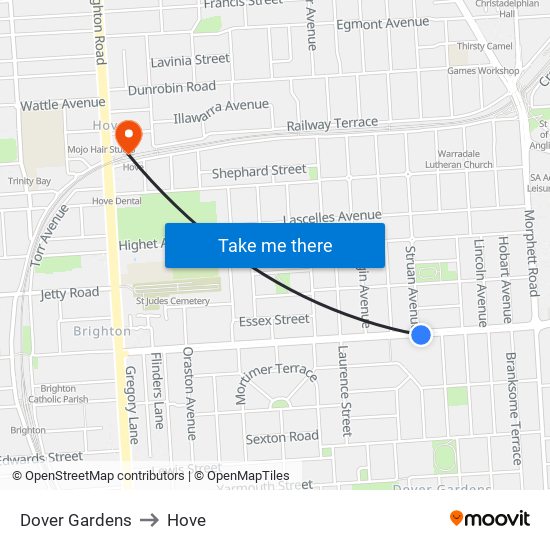 Dover Gardens to Hove map