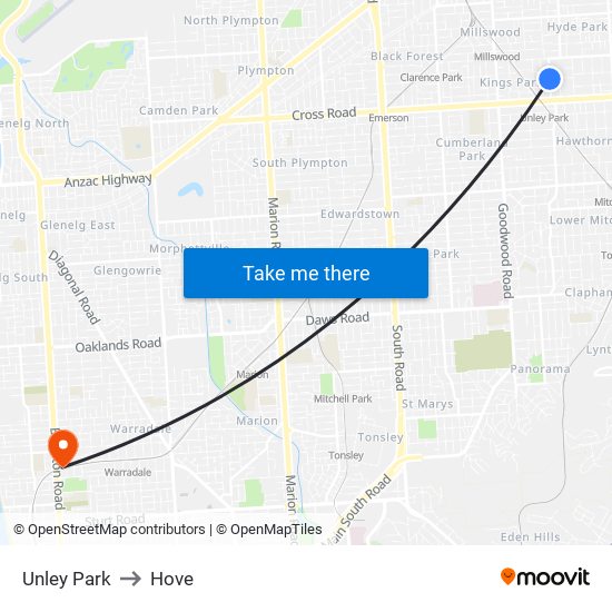 Unley Park to Hove map