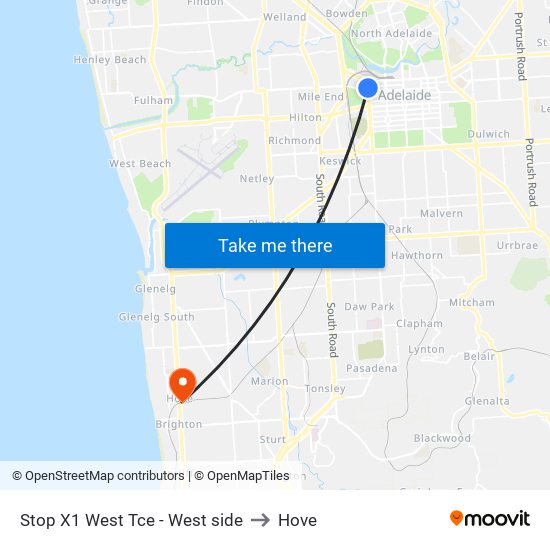 Stop X1 West Tce - West side to Hove map