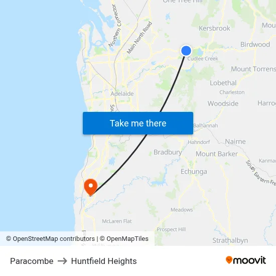 Paracombe to Huntfield Heights map