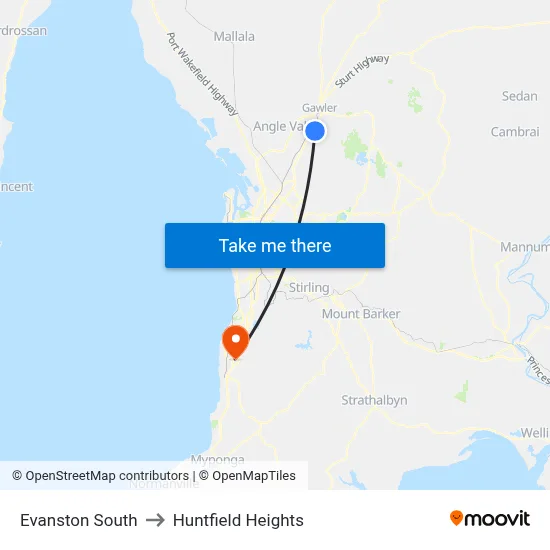 Evanston South to Huntfield Heights map