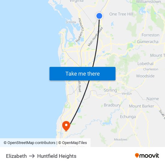 Elizabeth to Huntfield Heights map