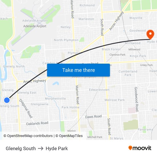 Glenelg South to Hyde Park map