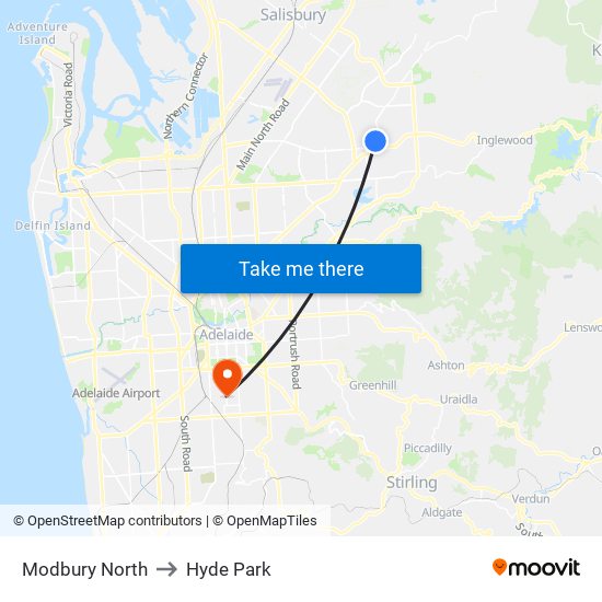 Modbury North to Hyde Park map