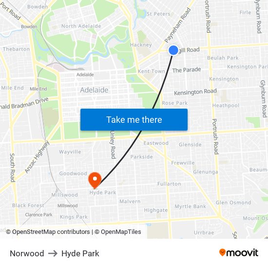 Norwood to Hyde Park map