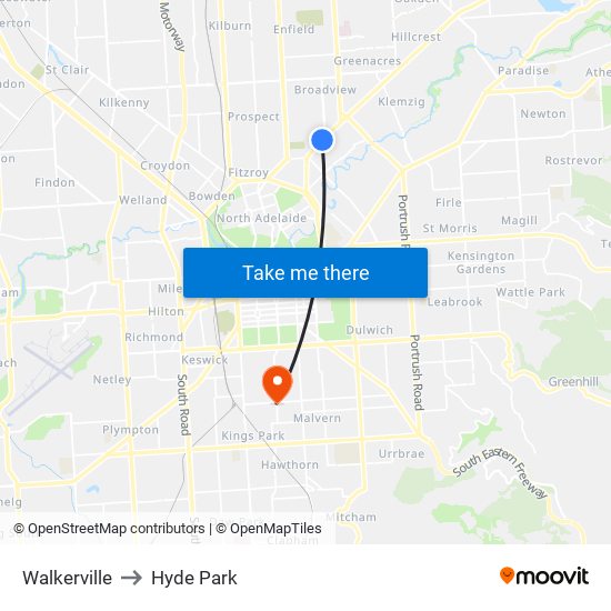 Walkerville to Hyde Park map