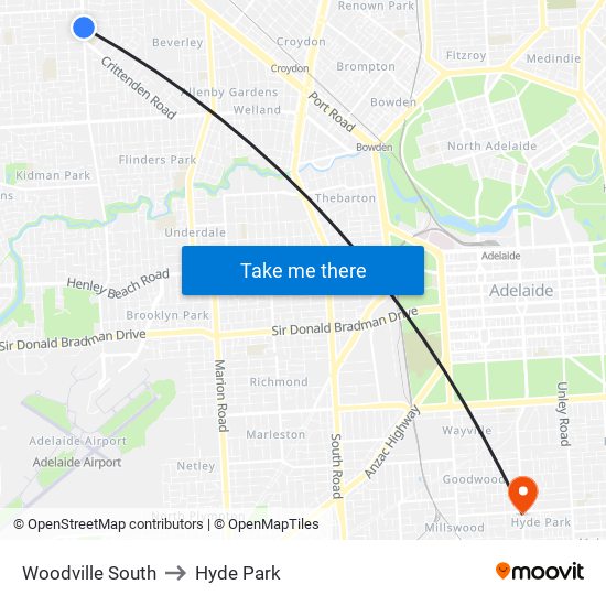 Woodville South to Hyde Park map