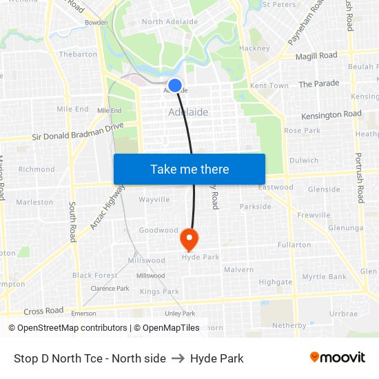 Stop D North Tce - North side to Hyde Park map