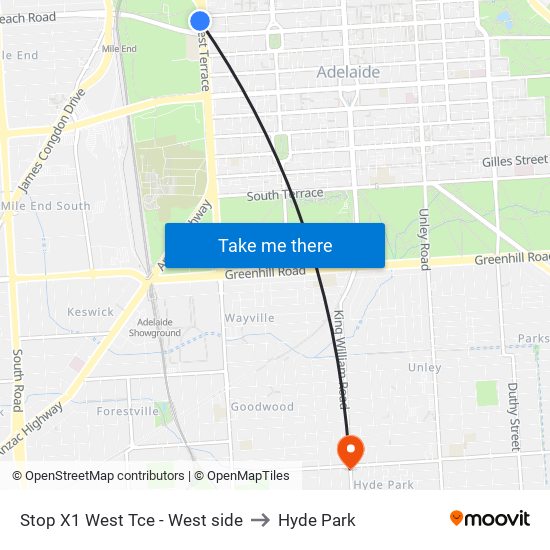 Stop X1 West Tce - West side to Hyde Park map