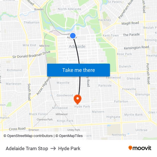 Adelaide Tram Stop to Hyde Park map