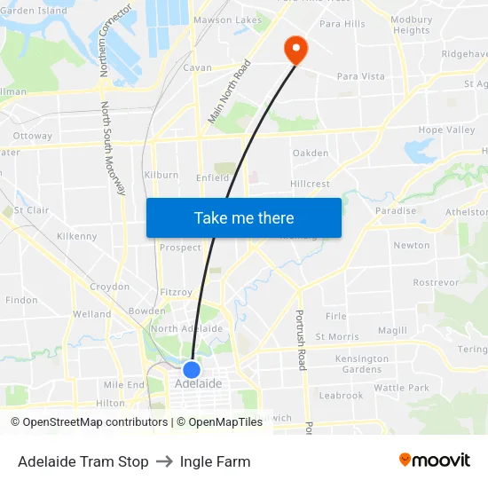 Adelaide Tram Stop to Ingle Farm map
