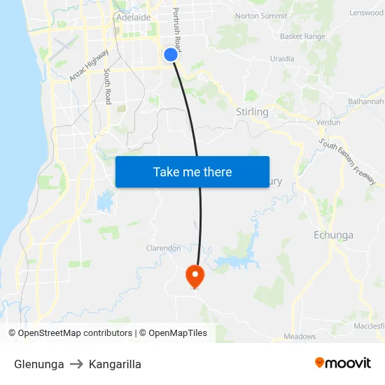 Glenunga to Kangarilla map