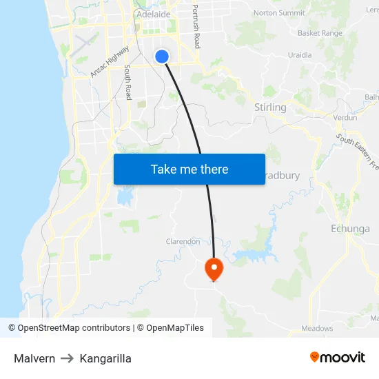 Malvern to Kangarilla map