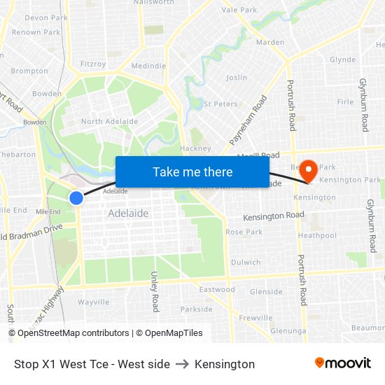 Stop X1 West Tce - West side to Kensington map