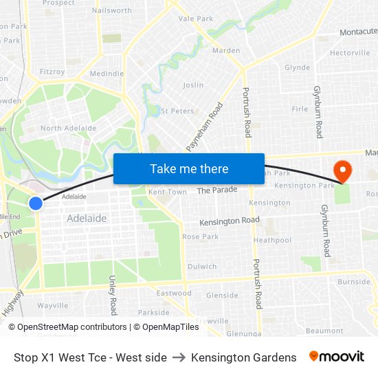 Stop X1 West Tce - West side to Kensington Gardens map
