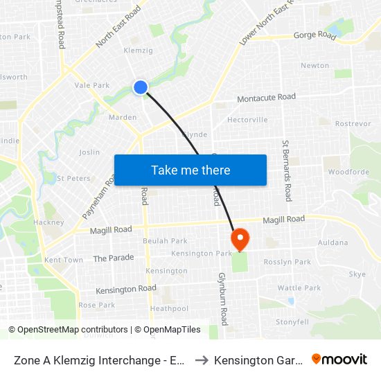 Zone A Klemzig Interchange - East side to Kensington Gardens map