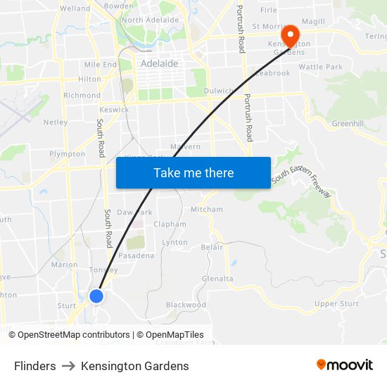 Flinders to Kensington Gardens map