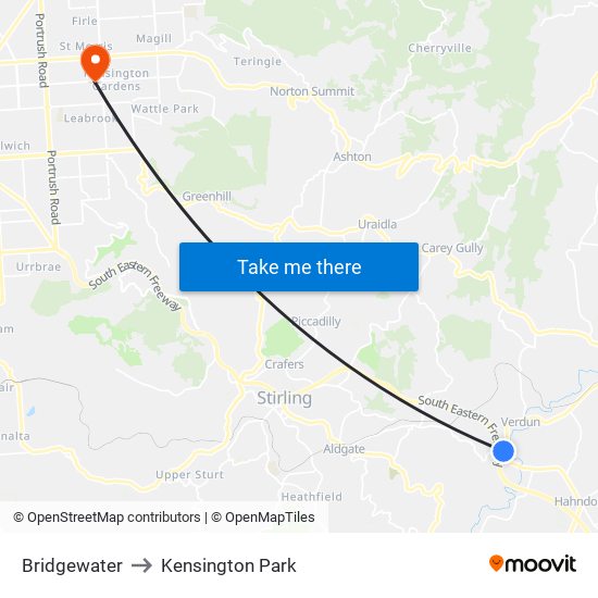 Bridgewater to Kensington Park map