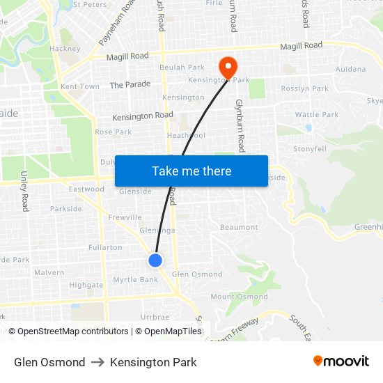 Glen Osmond to Kensington Park map