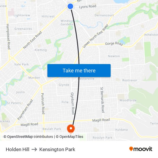 Holden Hill to Kensington Park map