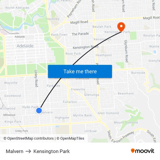 Malvern to Kensington Park map