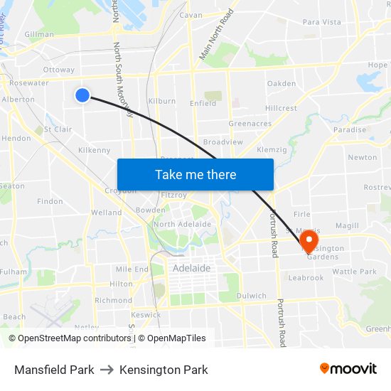 Mansfield Park to Kensington Park map