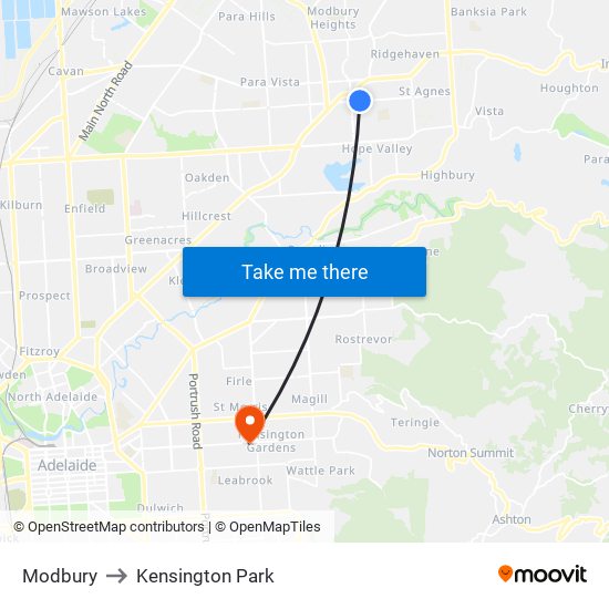 Modbury to Kensington Park map