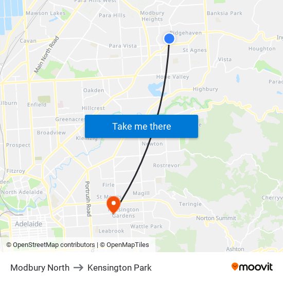 Modbury North to Kensington Park map