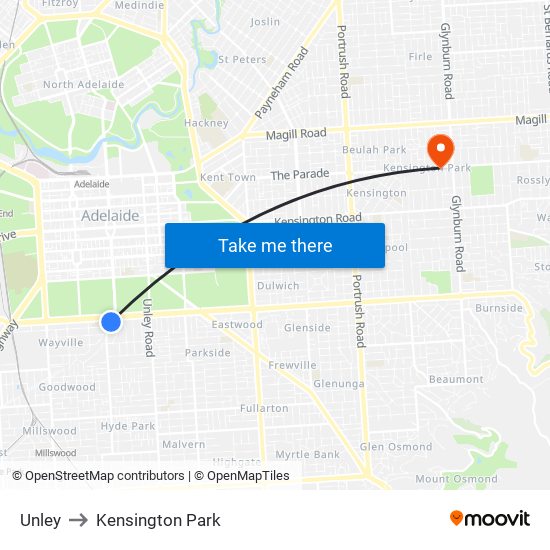 Unley to Kensington Park map