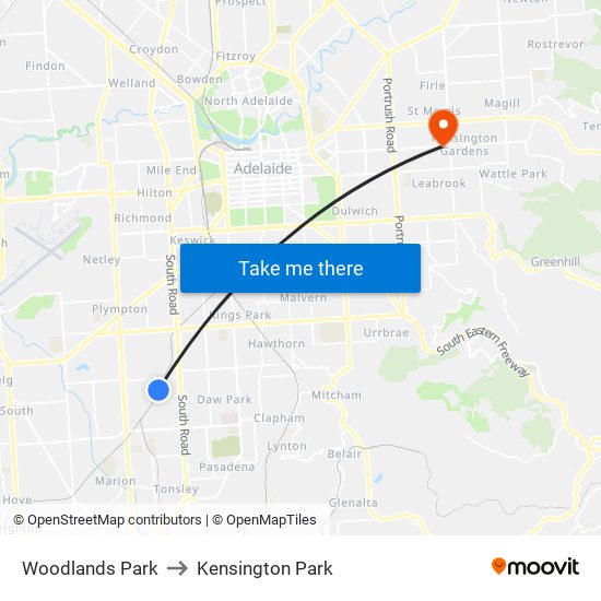 Woodlands Park to Kensington Park map