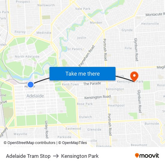 Adelaide Tram Stop to Kensington Park map