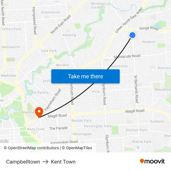 Campbelltown to Kent Town map