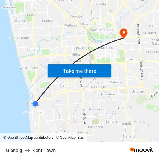 Glenelg to Kent Town map