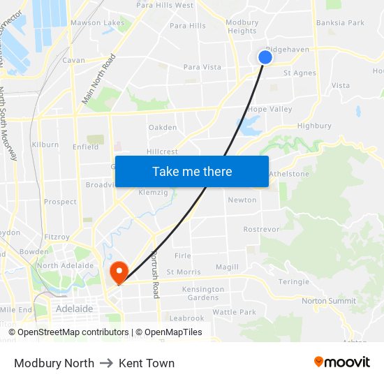 Modbury North to Kent Town map