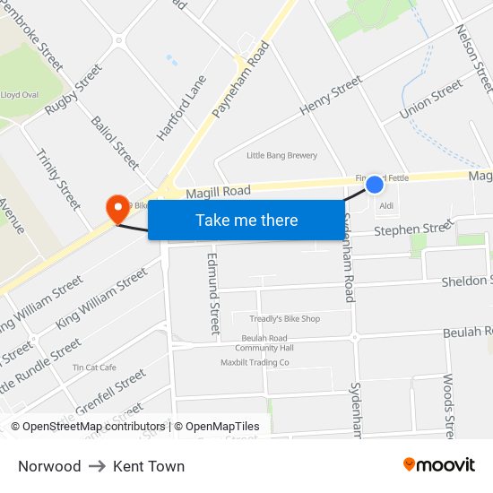 Norwood to Kent Town map