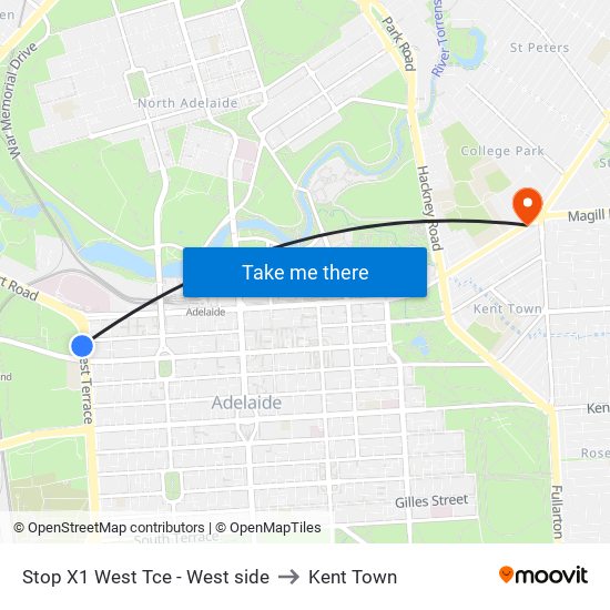 Stop X1 West Tce - West side to Kent Town map