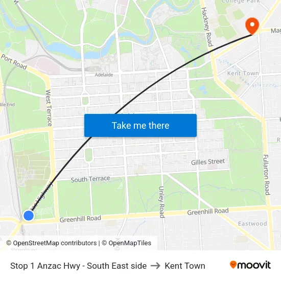 Stop 1 Anzac Hwy - South East side to Kent Town map