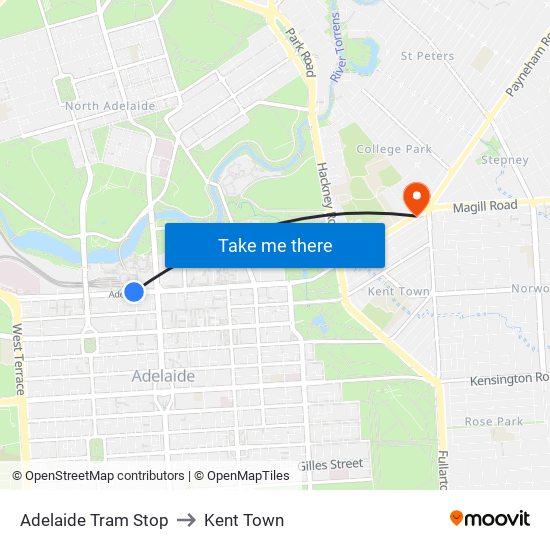 Adelaide Tram Stop to Kent Town map