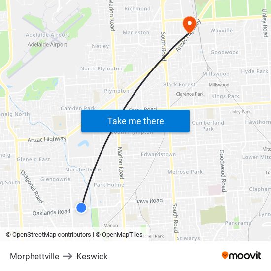 Morphettville to Keswick map