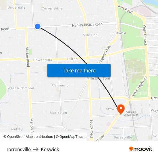 Torrensville to Keswick map