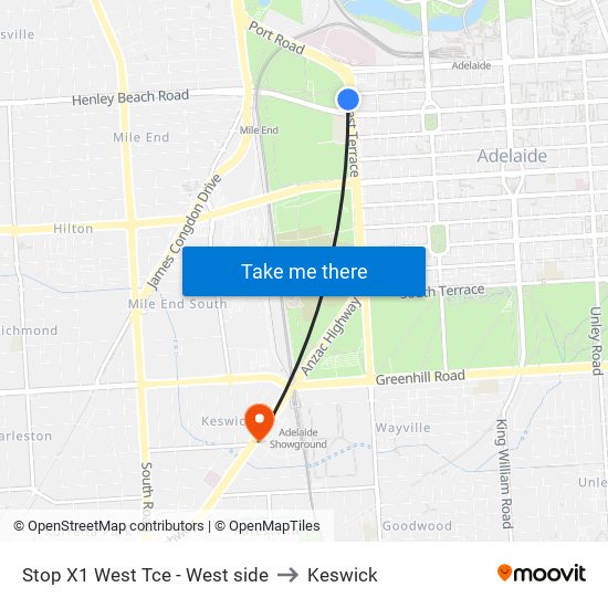 Stop X1 West Tce - West side to Keswick map