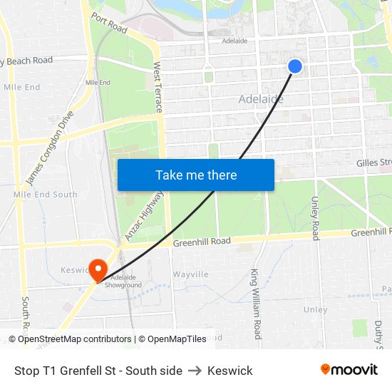 Stop T1 Grenfell St - South side to Keswick map