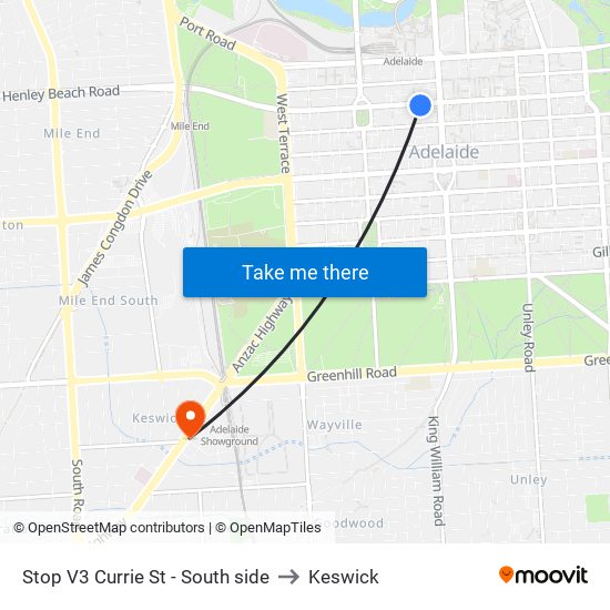 Stop V3 Currie St - South side to Keswick map